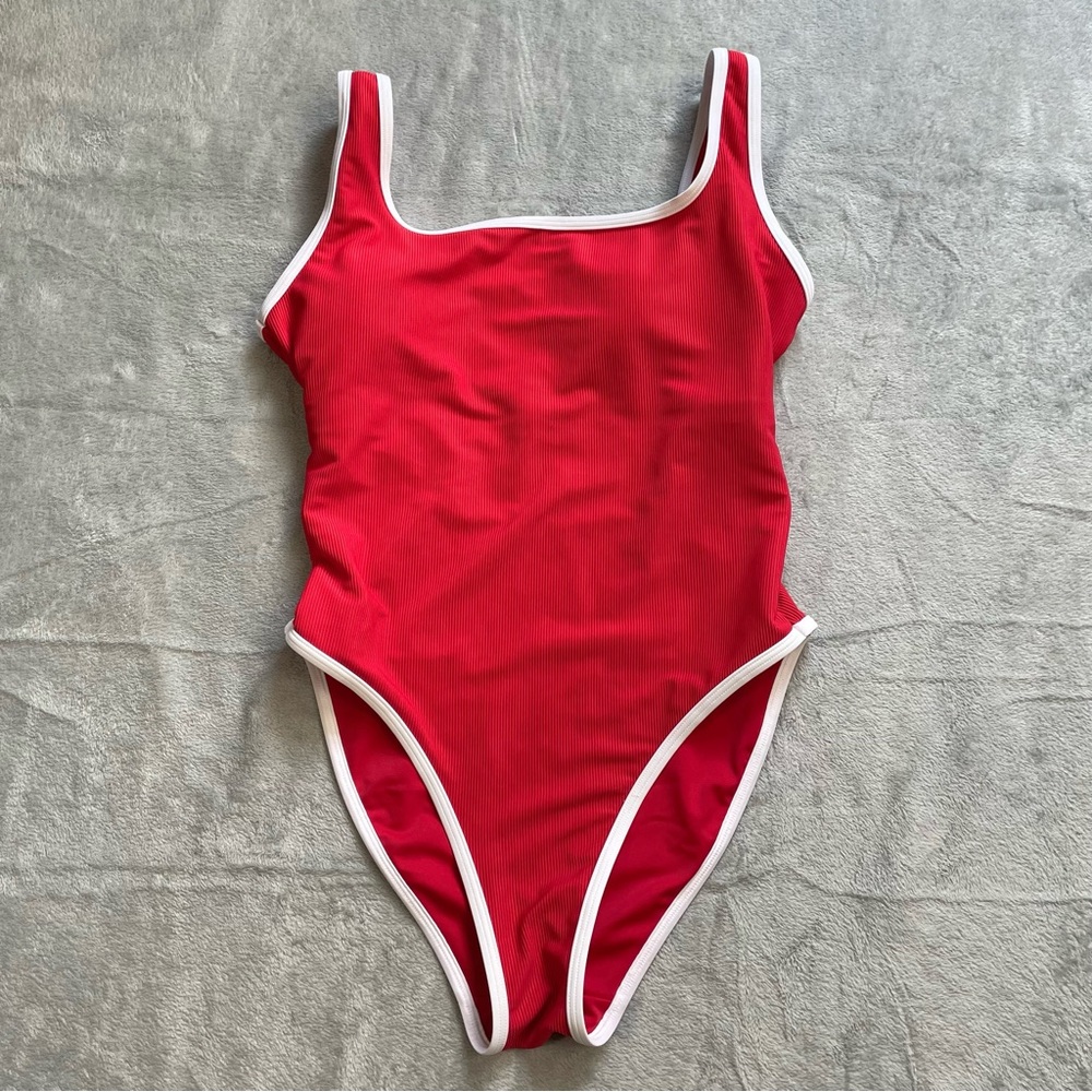 LainSnow Vibrant Red One Piece Swimsuit with White Accents